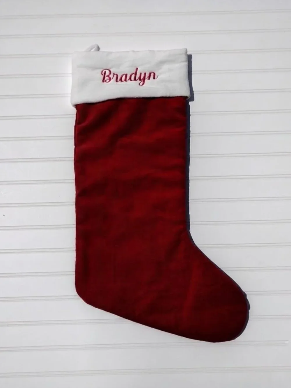 NWT Pottery Barn Christmas Stocking BRADYN Monogram Red and White Velvet Classic